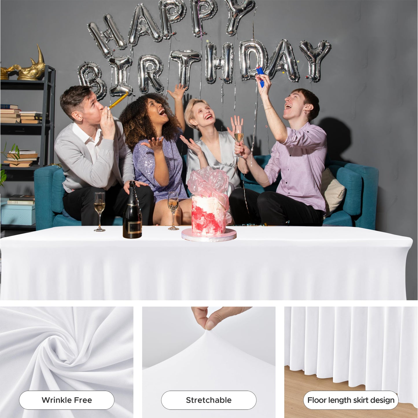 HolidayIdeas White 8ft Spandex Tablecloth 2 Pack Fitted Stretch Table Skirts 30x96 Inch, Wrinkle-Free Floor Length Polyester Table Cover for Weddings Parties Banquets Events