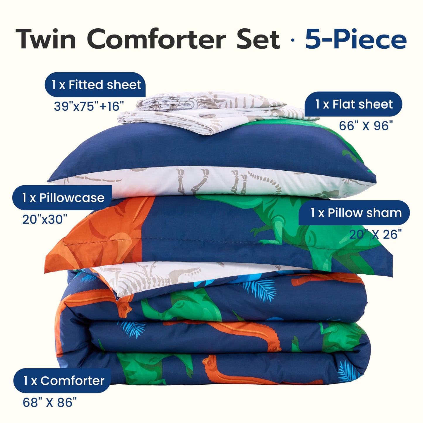 Joiedomi Kid Twin Comforter Set 5 Piece Dinosaur Bedding Set for Boys Girls Super Soft Microfiber Bed in a Bag with Comforter Sheets Pillowcase Sham