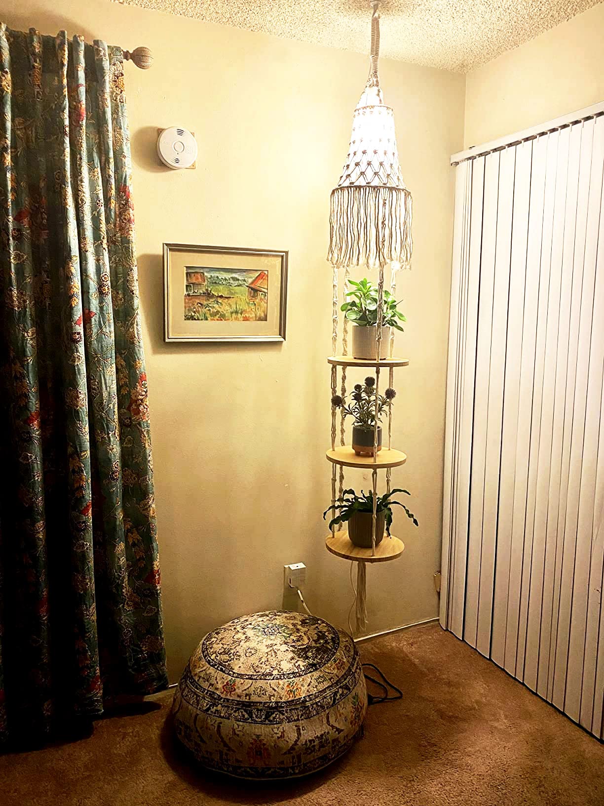 QIYIZM Boho Plug in Pendant Light Hanging Light with Plug in Cord,Dimmable Switch Hanging Lamp Macrame Lamp Shade and Plant Holder Shelf Indoor for Bohemian Decor Bedroom Corner Living Room