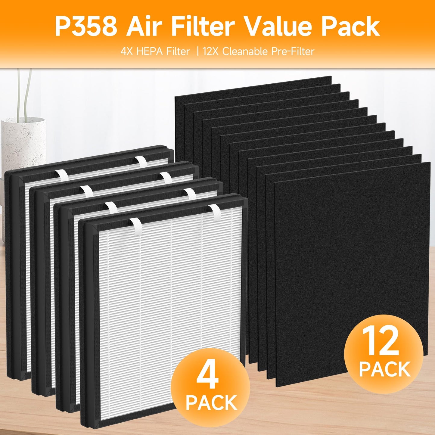 P358 Replacement Filter Compatible with HEAPETS P358 Pet Air Purifier, 3-in-1 Air Filter for Pet Hair, Dander, Odor, Includes 4 Composite Filters and 12 Pre-Filters