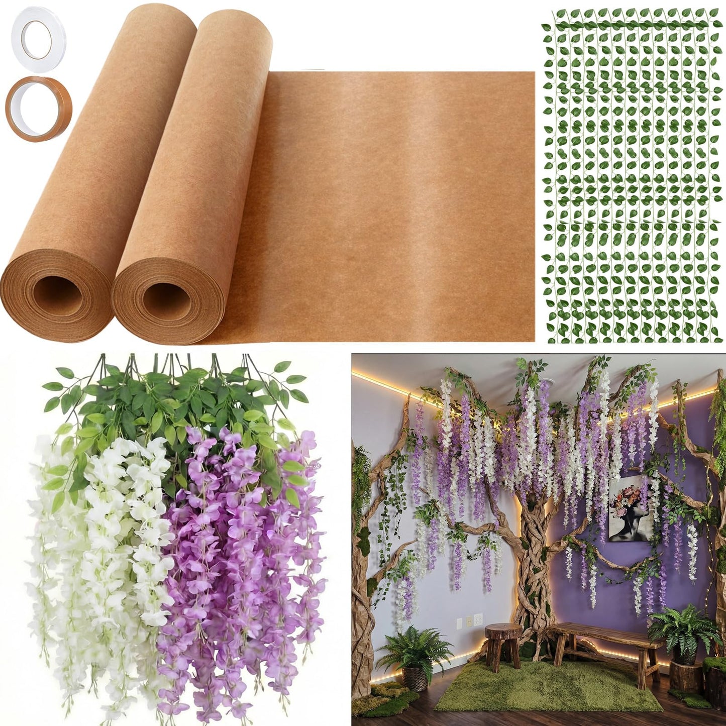 XunYee 40 Pcs 3D Wisteria Tree Wall Decor for Room Classroom Ceiling Artificial Wisteria Hanging Flower DIY Cardboard Paper Tree with Vine Kraft Paper Fairy Bulletin Board Decoration(White, Purple)