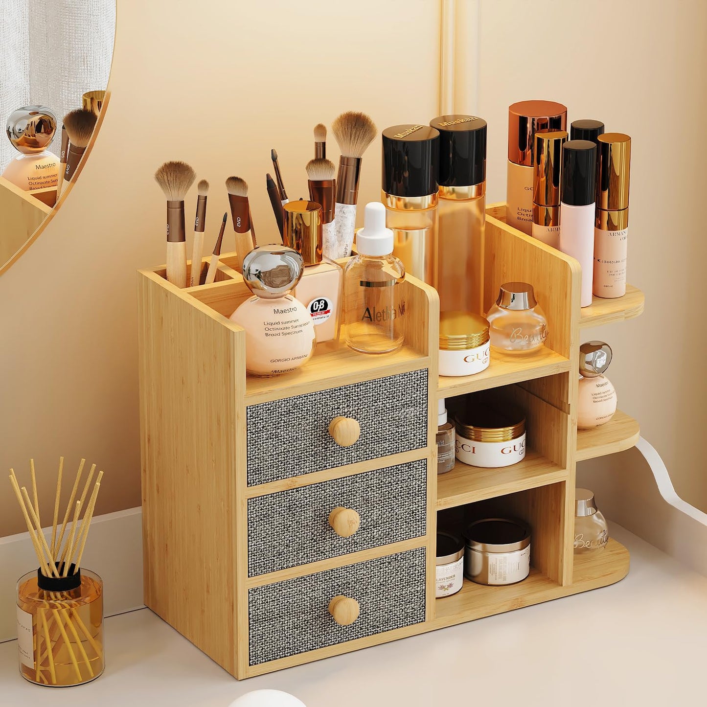 Makeup Organizer Countertop, Cosmetic Skincare Organizers With 3 Makeup Brush Holders/3 Drawers/7 Storage Shelves, Elegant Bamboo Make Up Storage Organizers Holder For Counter Vanity Dresser Bathroom
