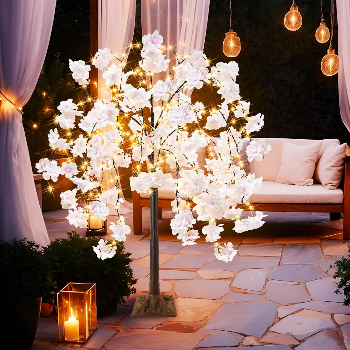 obbsie 4FT Cherry Blossom Tree with 360 LED Fairy Lights Artificial Lighted Tree with 8 Lighting Modes Light Up Pink Tree with Faux Flowers for Spring Wedding Party Indoor Outdoor Decor