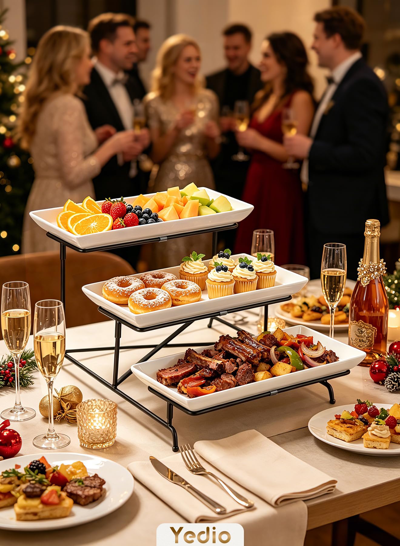 Yedio 3 Tier Serving Tray Set 14 Inch Porcelain Tiered Serving Platters, Collapsible Sturdier Stand with Stable Cross Bars, Three Layer Serving for Party Entertaining Food Display Fruit Dessert
