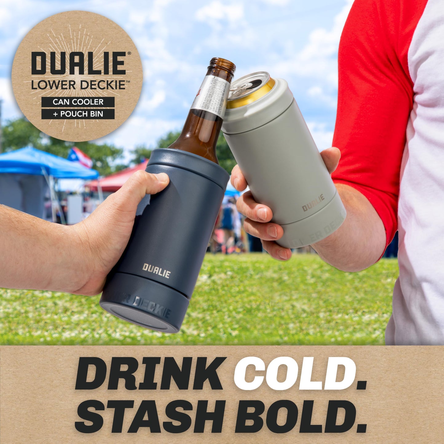 DUALIE Lower Deckie - Insulated 12 oz Can Cooler with Pouch Container - Universal Drink Holder with Built-in Pouch Bin - Navy