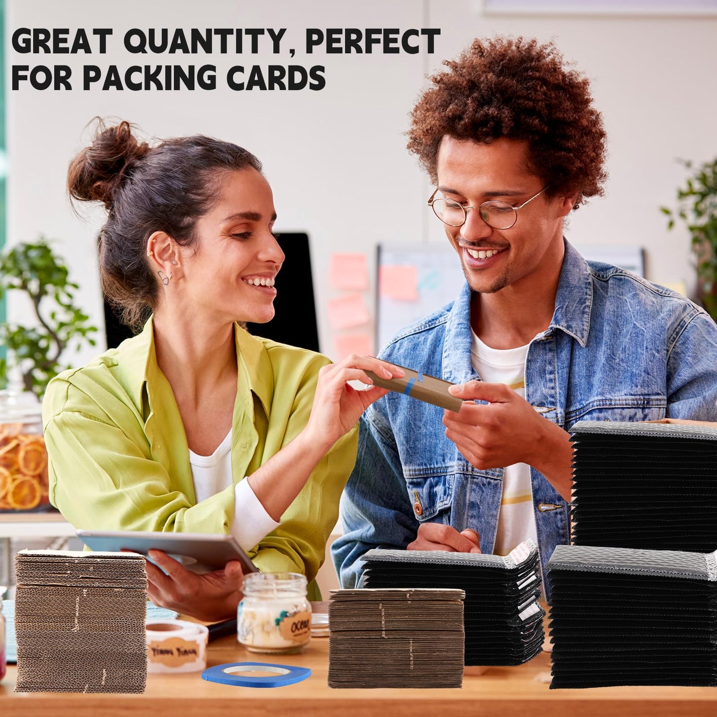 Tatuo 301 Pcs Trading Card Shipping Protector Set Include 200 Corrugated Cardboard Sheets Inserts 100 Poly Bubble Mailers Padded Envelopes and Masking Tape(Black)