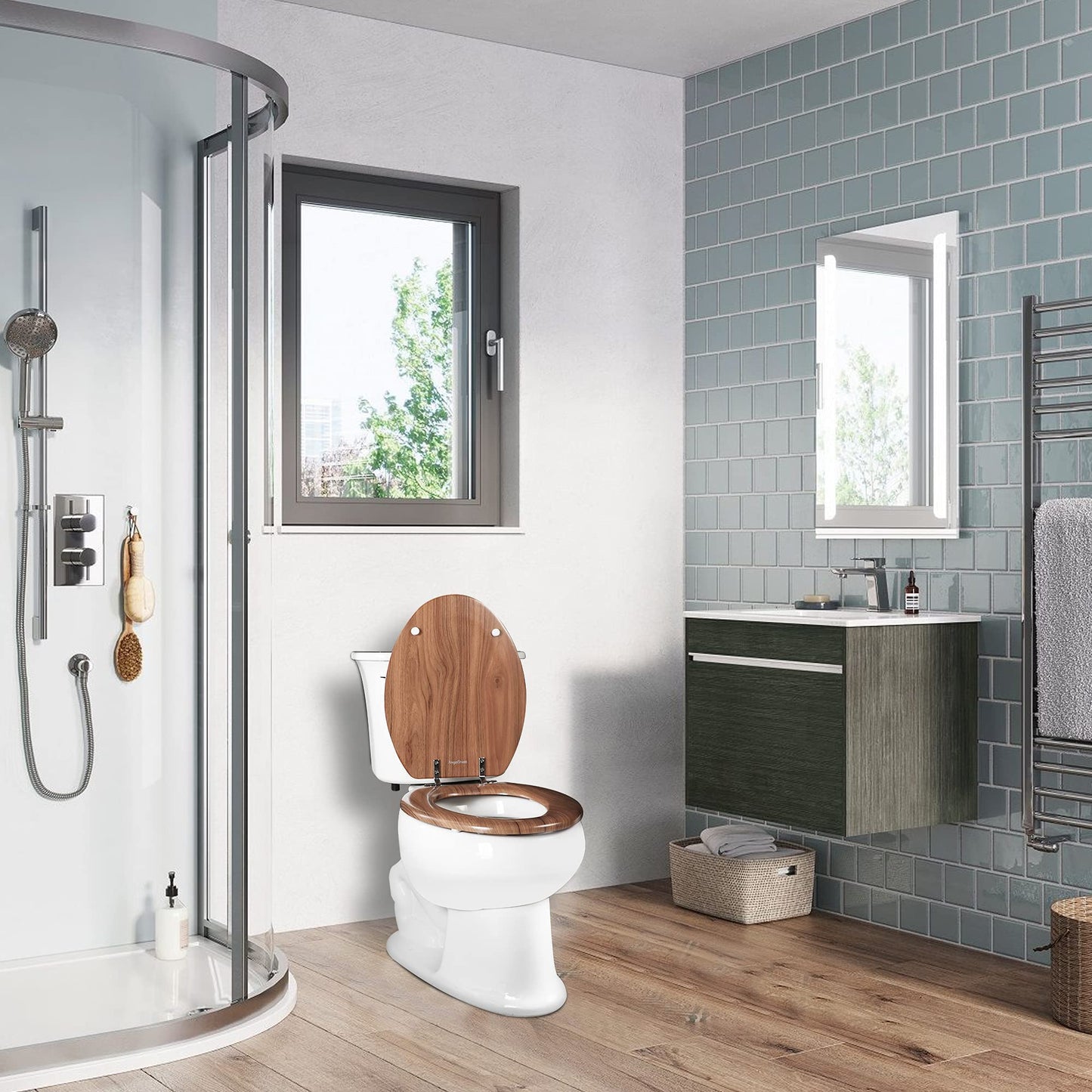 Elongated Toilet Seat Molded Wood Toilet Seat with Zinc Alloy Hinges, Easy to Install also Easy to Clean, Anti-pinch Wooden Toilet Seat by Angol Shiold (Elongated, Natural)