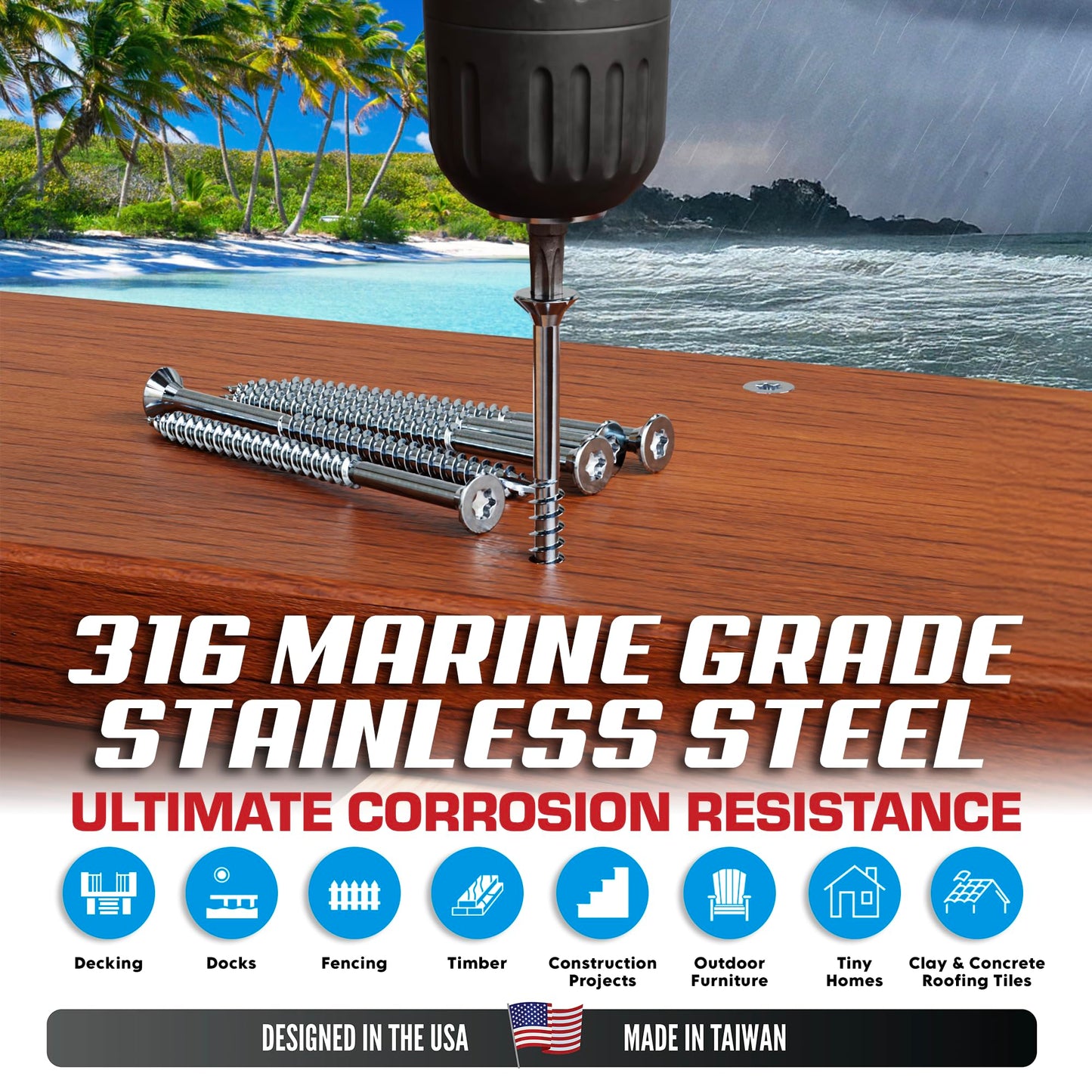 #10 x 3 Inch 316 Stainless Steel Screws Marine Grade (350 Pack, T25 Star) | Stainless Steel Wood Screws w/Driver Bit by Eagle Claw Fasteners | High Corrosion Resistance for Coastal Construction