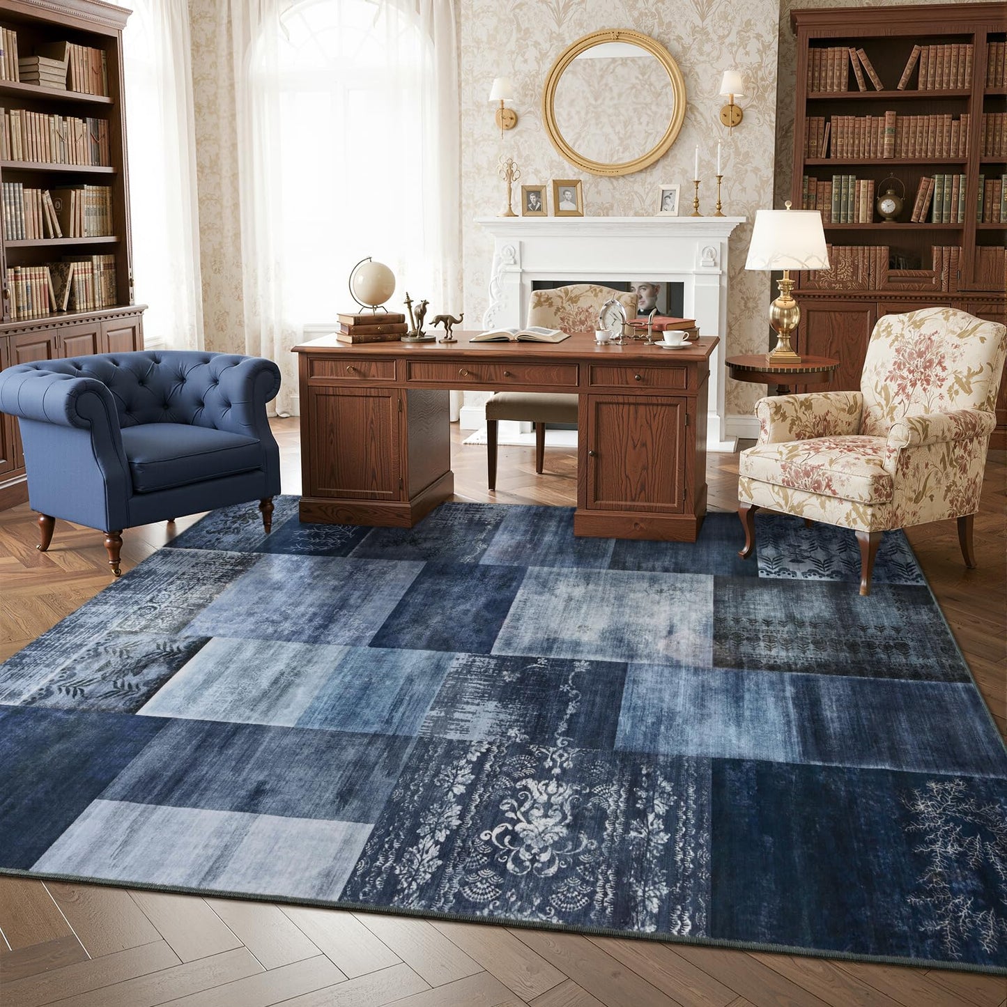 DweIke Washable Area Rugs 5x7 for Living Room, Modern Geometric Navy Blue Soft Patchwork Carpet, Non-Slip Stain Resistant Throw Rug for Bedroom Dining Room Office Home Decor