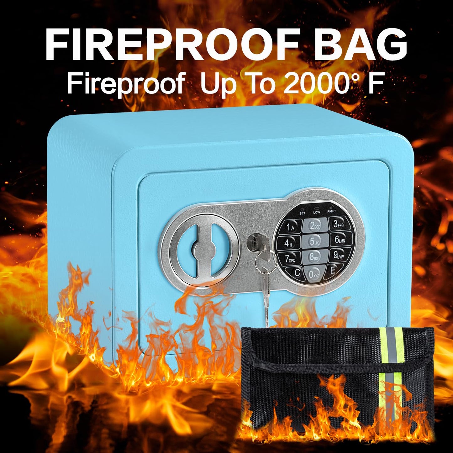 0.23 Cubic Feet Safe Box, Small Safe W/Fireproof Bag, Keys & Pass Code, Digital Electronic Security Money Box for Cash, Document, Home, Office, Hotel Use, Blue, 6.69"D x 9.06"W x 6.69"H