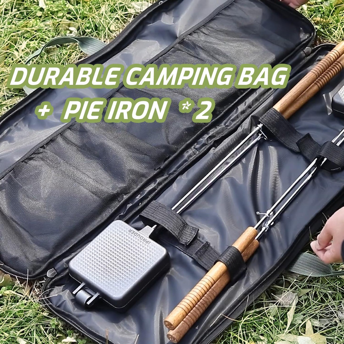 IPROUDER Campfire Pie Iron 4.9" Large Cast Iron Sandwich Maker for Camping 2 Pcs with Storage Bag - 22.6 inch Thickened Handles - Campfire Cooking Equipment for Grilling & Outdoor Cooking