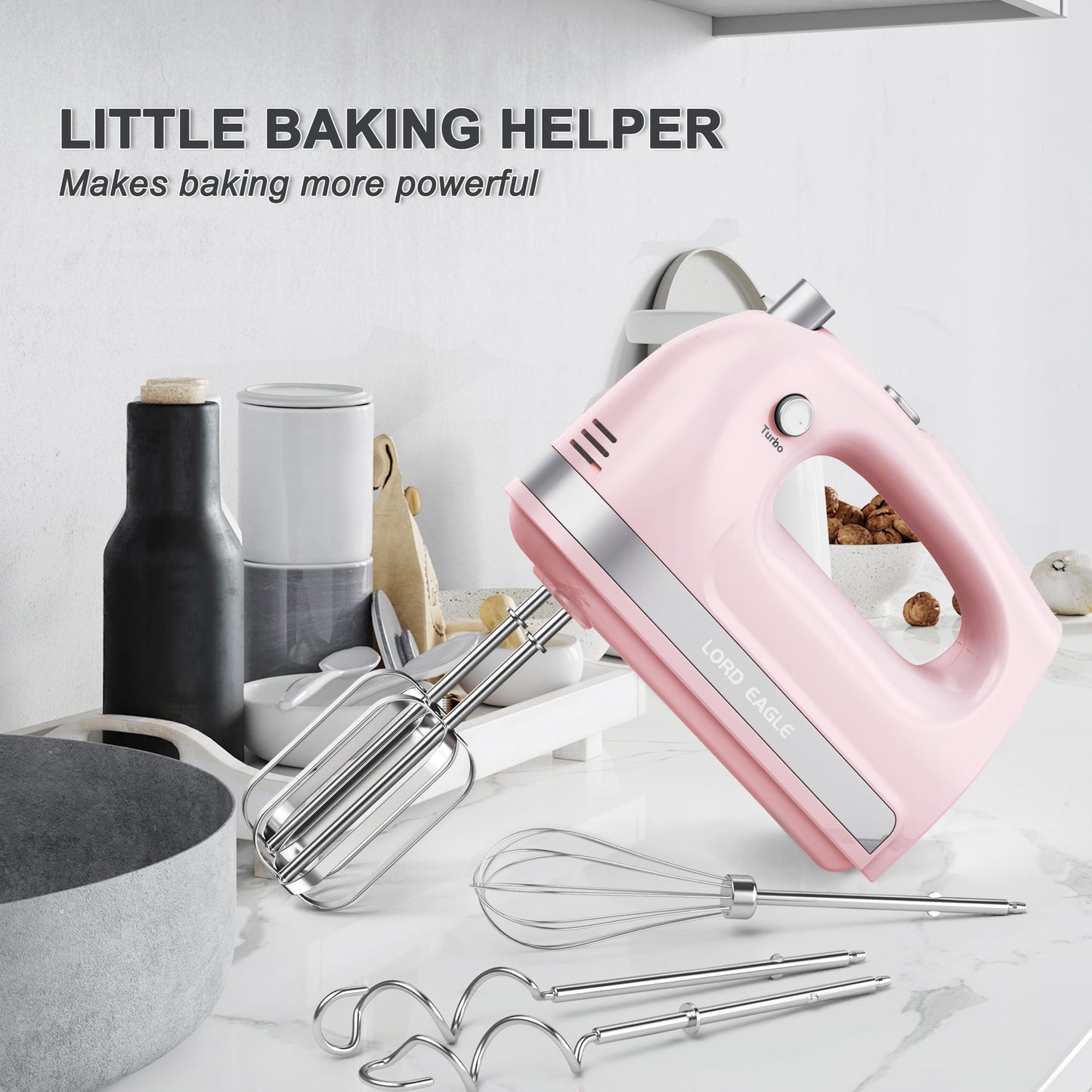 Lord Eagle Hand Mixer Electric Handheld 400W, 5-Speed Lightweight Kitchen Mixer with Storage Case, 5 Stainless Steel Attachments for Baking Cake Egg Cream Food Beater, Turbo+Eject Button, Pink