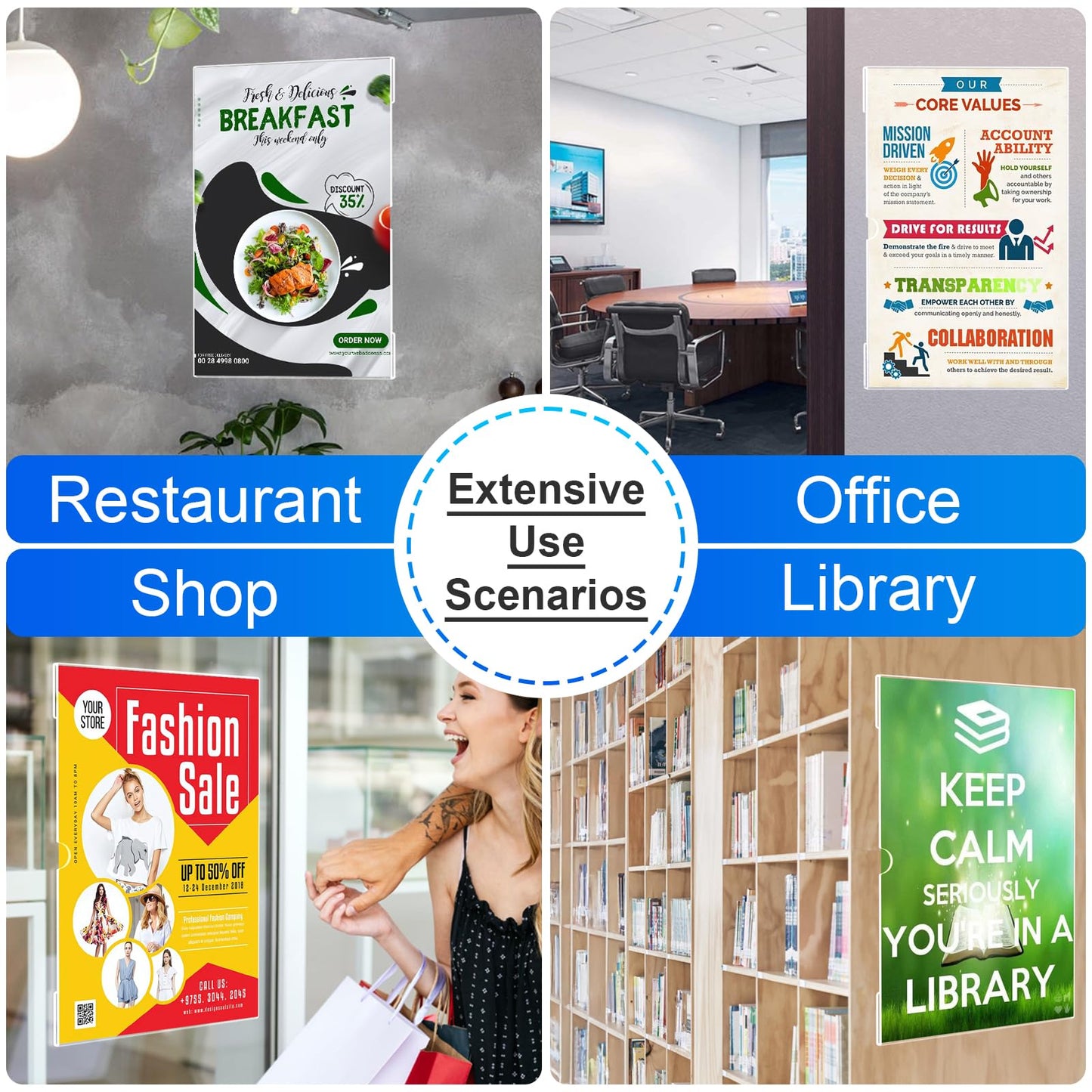 Acrylic Sign Holder 11 x 17 inches Wall Mount, 6 Pack Adhesive Vertical Wall Sign Holders Clear Acrylic Frames with 3M Double Sided Tape Clear Plastic Poster Holder for Office, Hospital, Restaurant, Trade Shows - No Drilling