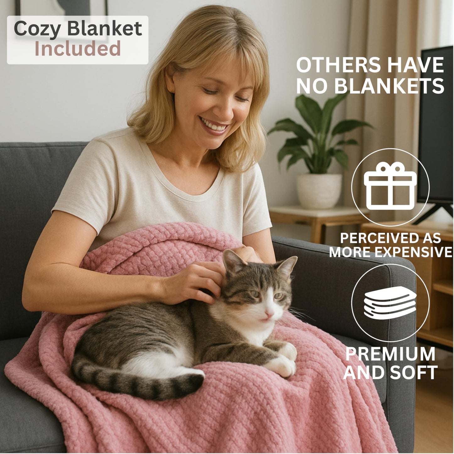 QUILE Luxury Cat Lover Gifts for Women, Cat Mom Gifts for Women, 8pc Cats Themed Gift Set with Premium Blanket & Shatterproof Steel Tumbler, Crazy Cats Lady Gift Box for Birthday & Mothers Day