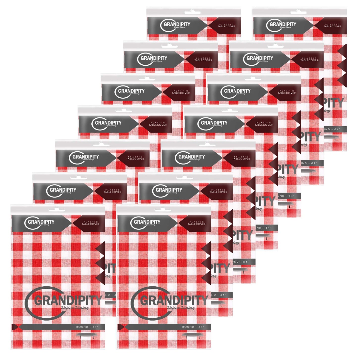 Grandipity 12 Pack Premium Disposable Plastic Picnic Tablecloth 84" Inch Decorative Round Table Cover - Red Checkered Gingham