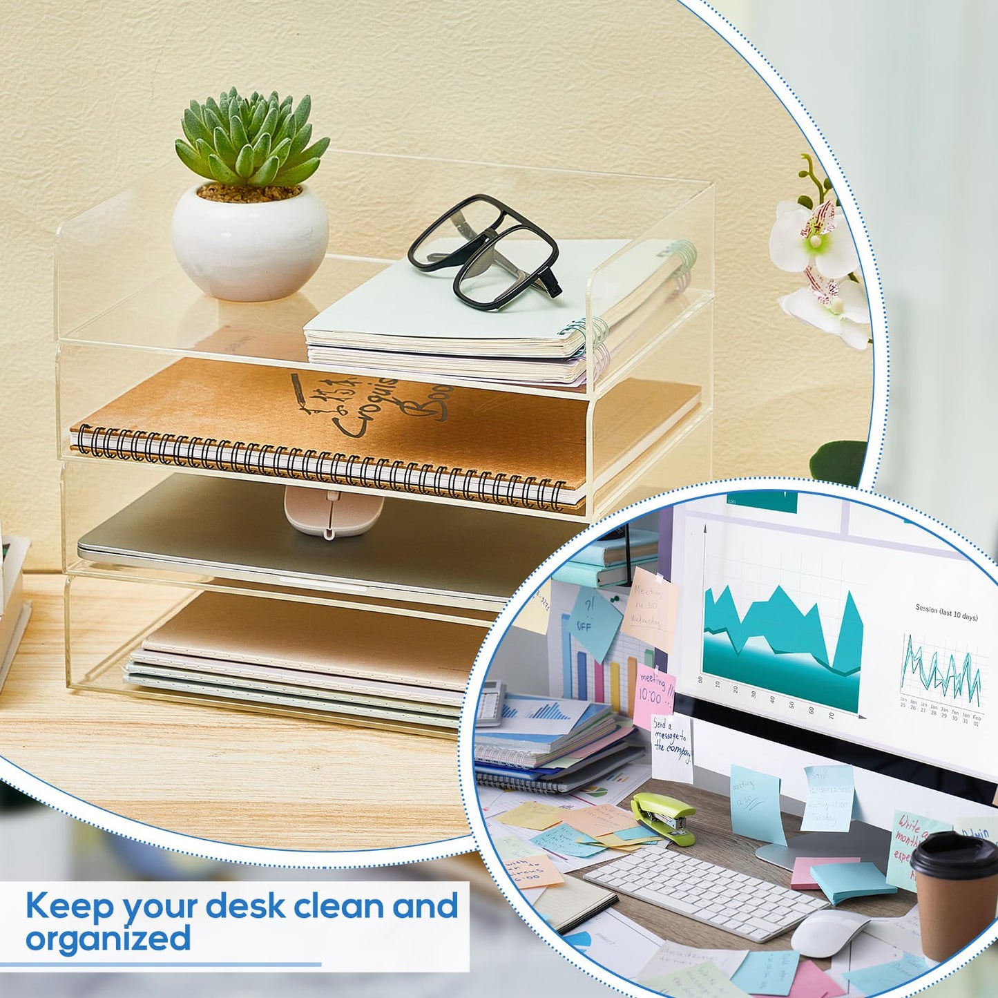 Harloon 4 Tier Paper Organizer Letter Tray Acrylic Desk File Organizer Heavy Duty Stackable Documents Clear Letter Paper Holder Sorter Office Tray for A4, Office Classroom Home File Pad Notebooks