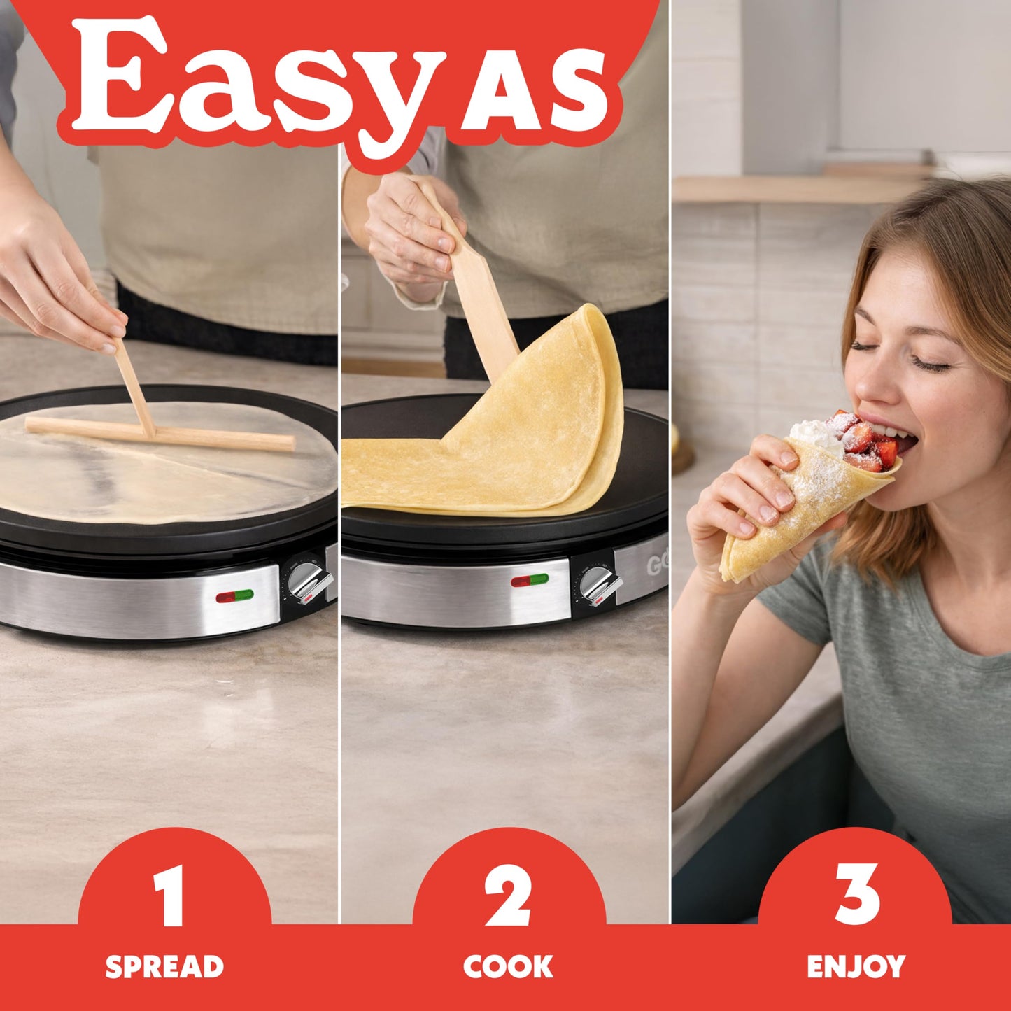 Gourmia 12” Crepe Maker – Nonstick Electric Griddle for Pancakes, Omelets & More, Precise Temp Control with Indicator Lights, Includes Spatula & Batter Spreader, Quick Cleanup, Stainless Steel Trim