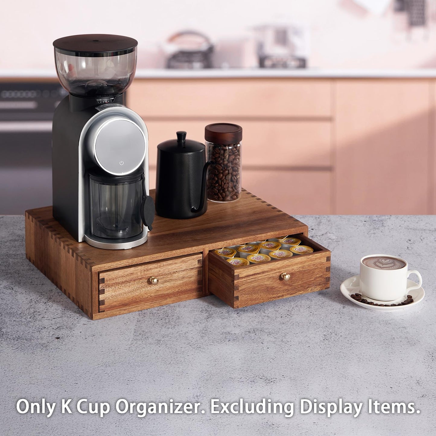 SARUFO Acacia Wood K Cup Organizer Drawer, Coffee Pod and Tea Storage Box with Non-Slip Pad, 30 Pod Capacity Under Brewer, Countertop Coffee Station Holder for Machine Stand