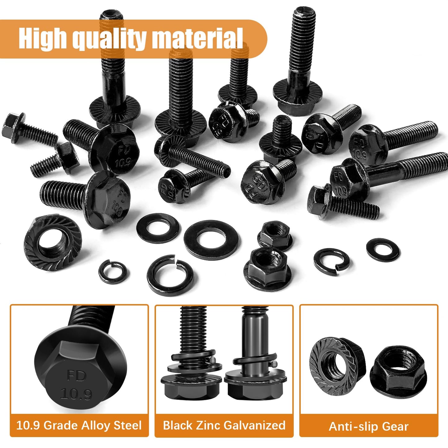 mankk 400PCS Metric Grade 10.9 Flange Bolts and Nuts Assortment Kit M6x1.0, M8x1.25, M10x1.5 (12mm to 45mm) Black Alloy Steel Class Hex Bolts and Nuts Washers Kit for Automotive
