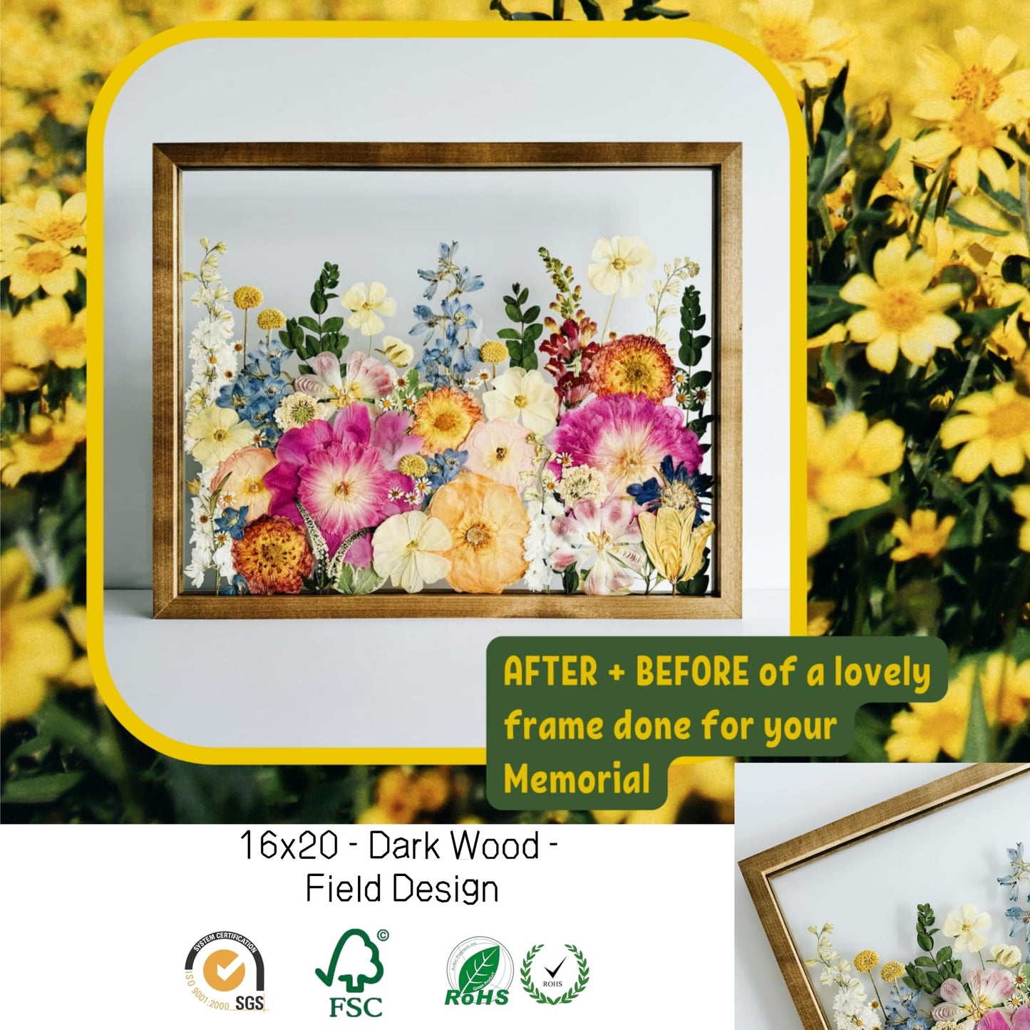 Volakk Floating Frames 16x20 Walnut Wood Shadow Box Frame For Pressed Flower Floater Double UV Glass Pressed Flower Floating Frame 20x24 Bouquet Frames For Wedding Memory