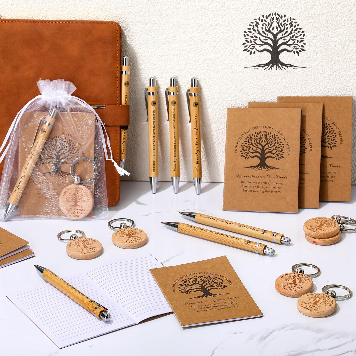 Dunzoom 120 Pcs Family Reunion Favors Wood Keychain Mini Notebook Notepads Ballpoint Pen with Organza Bag Gifts for Families