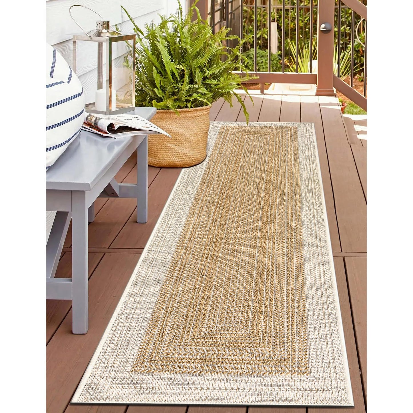 Rugshop Natural Braided Geometric Reversible Weather Resistant Indoor/Outdoor Runner Rug, for Hallway, Entryway and Kitchen, 2' x 7'