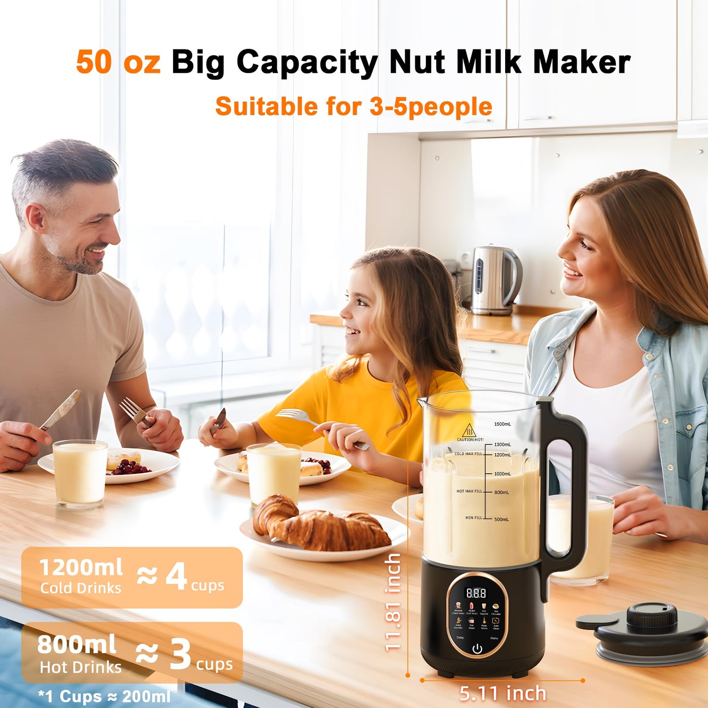 50oz Nut Milk Maker Machine, 10 in 1 Automatic Plant Based Milk Maker for Homemade Oat, Coconut, Chowder, Juice, Soy Milk with 20 Blades,Delay Start, Boil Water, Keep Warm & Auto Clean