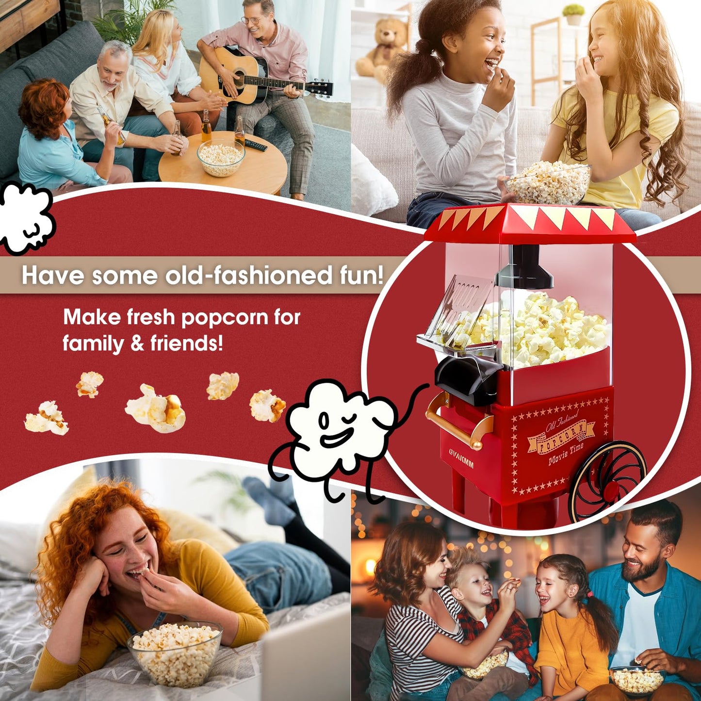 GVAKMM Popcorn Machine, Hot Air Popcorn Maker Kit Gift Box, Portable Home Popcorn Popper Machine, 10-Cup,Oil-Free,Retro Style,Compact and Cute
