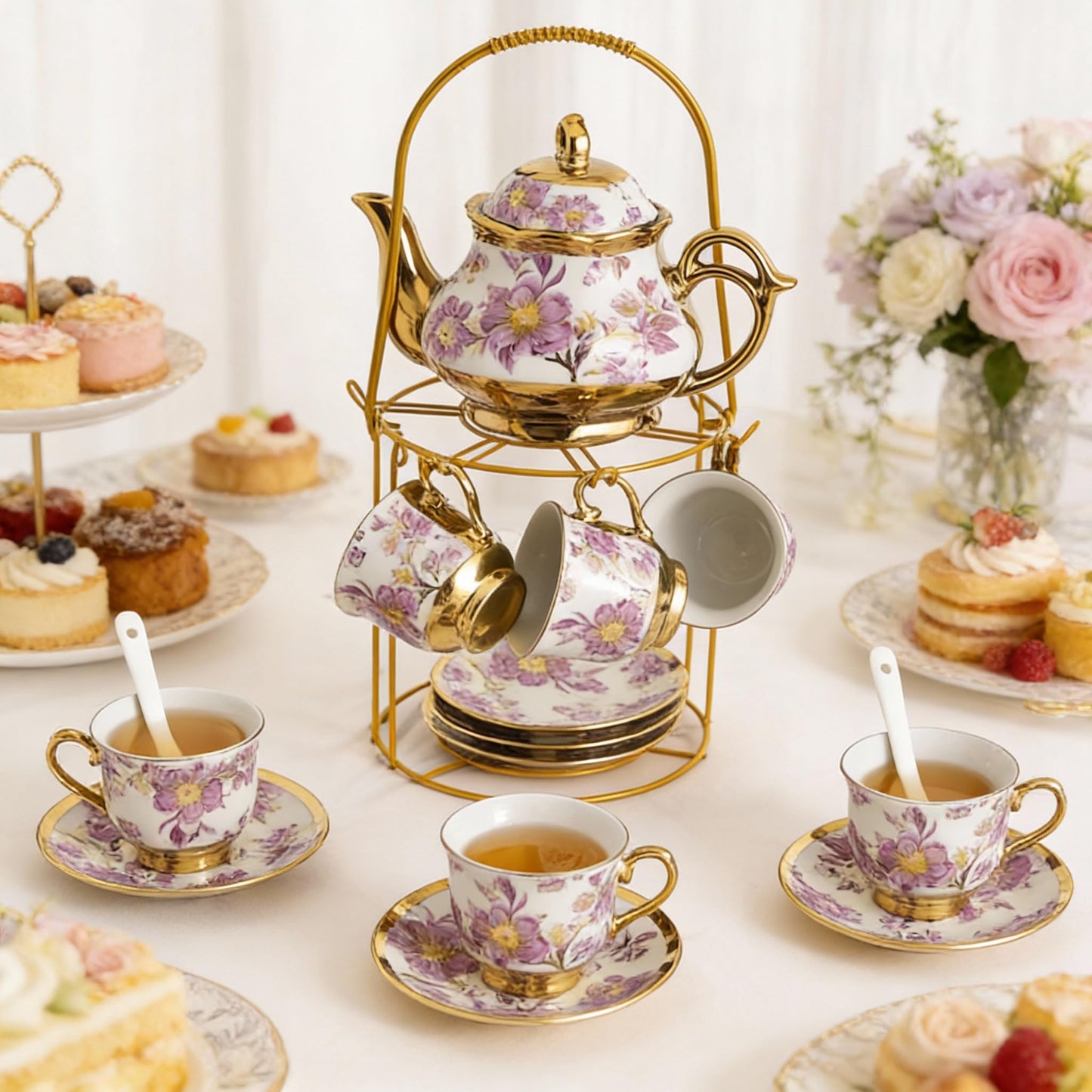 20 Pcs Porcelain Tea Set with Metal Holder, 700ml/23oz European Ceramic Tea Set for Adults, Adult Tea Set Gift, Flower Tea Cup Saucer Set for Party With Gold Flower Painting (Elegant Purple/700ml)