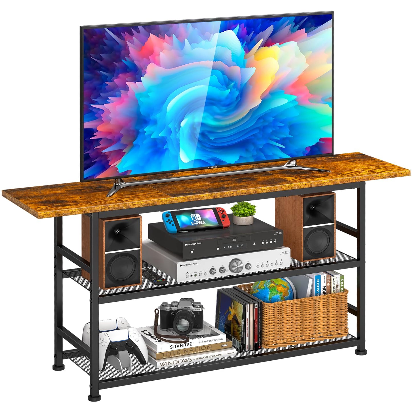 ThreeHio TV Stand for TVs up to 55 Inch TV, Entertainment Center with 3 Tier Open Storage Shelves, Media Console Table for Living Room, Bedroom, Rustic Brown