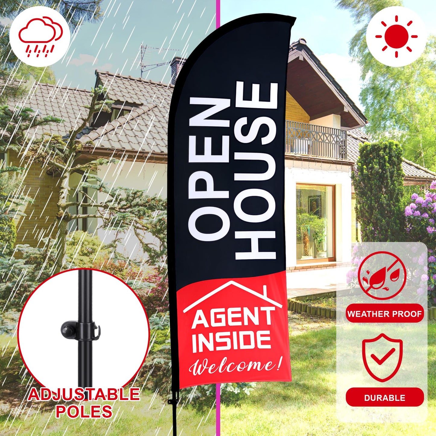 Buryeah 153 Sets Open House Signs for Real Estate Agents Including 1 Open House Feather Flag and Pole Kit 1 Pcs Visitor Guest Register Notepad 1pcs Tent Card and 150 Pcs Feedback(Black)