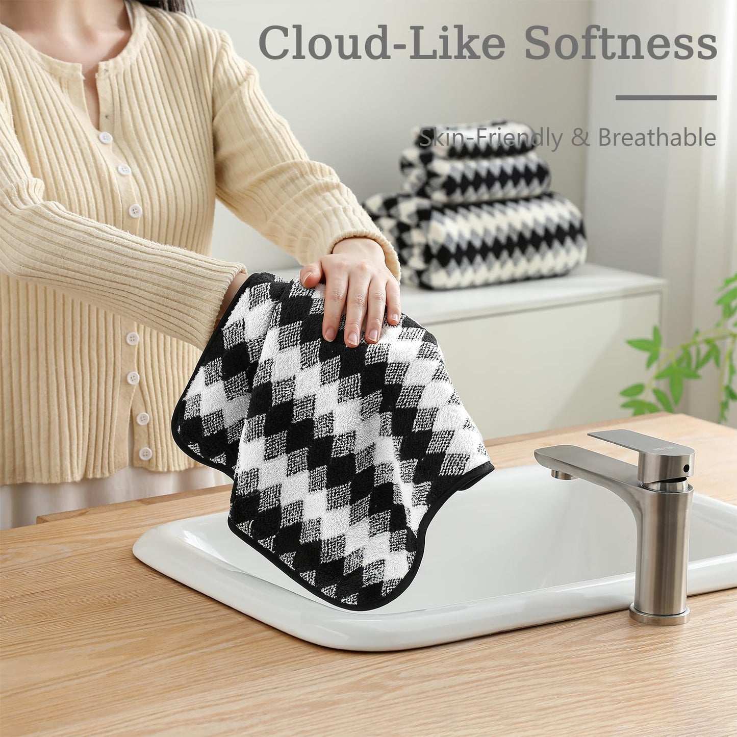 8 Piece Bathroom Towel Set Black White|2 Oversized Large Bath Towels Sheet,2 Hand Towels,4 Washcloths| 600GSM Soft Towel Set for Bathroom Hotel,Highly Absorbent Quick Dry Bath Towel Collections