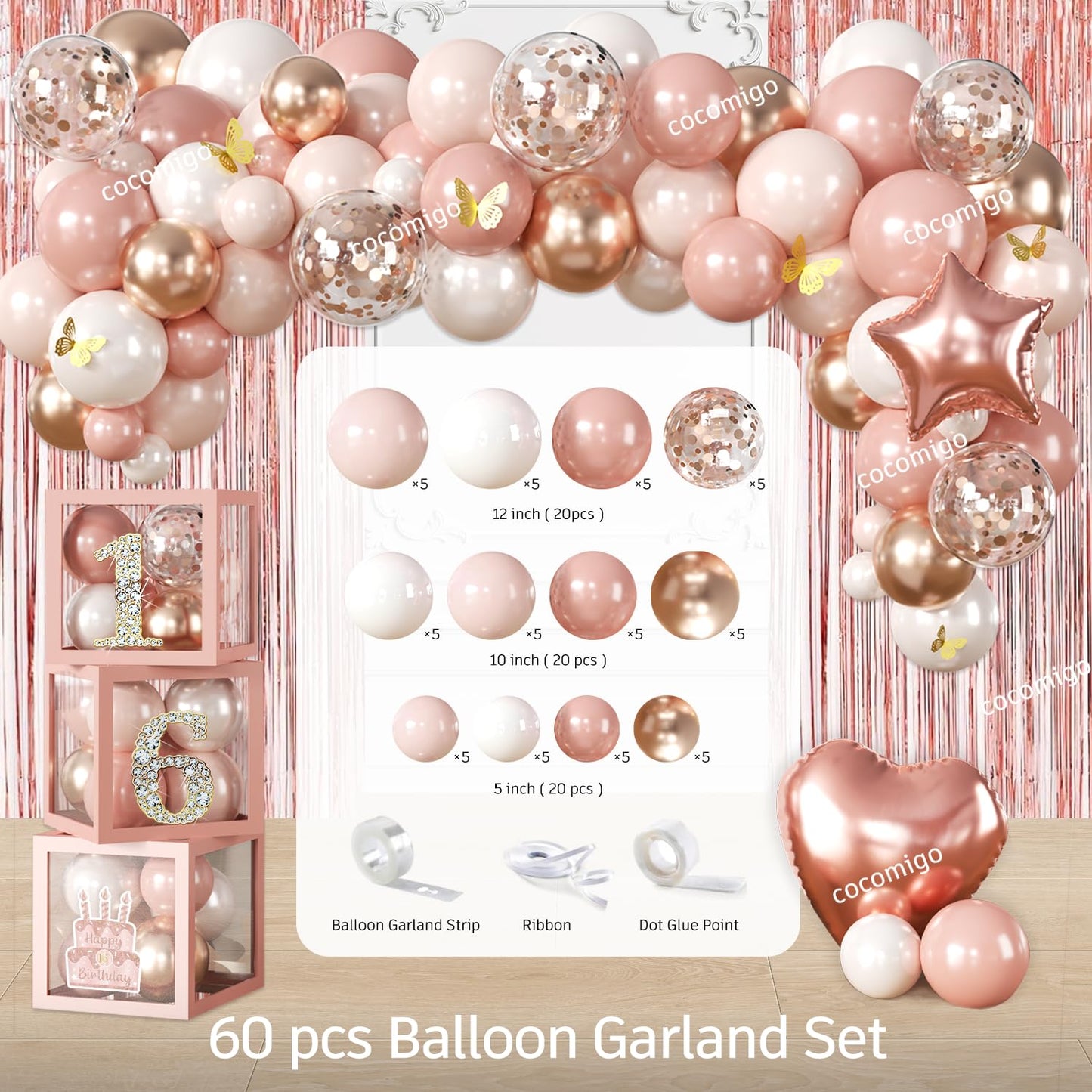 Cocomigo 241pcs Sweet 16 Party Decorations, Complete 16th Birthday Decorations for Girls Sweet 16 Sash Pink Rain Curtains Suitable for Photos at 16th Party, Sturdy 300gsm Paper Plates Serves 25
