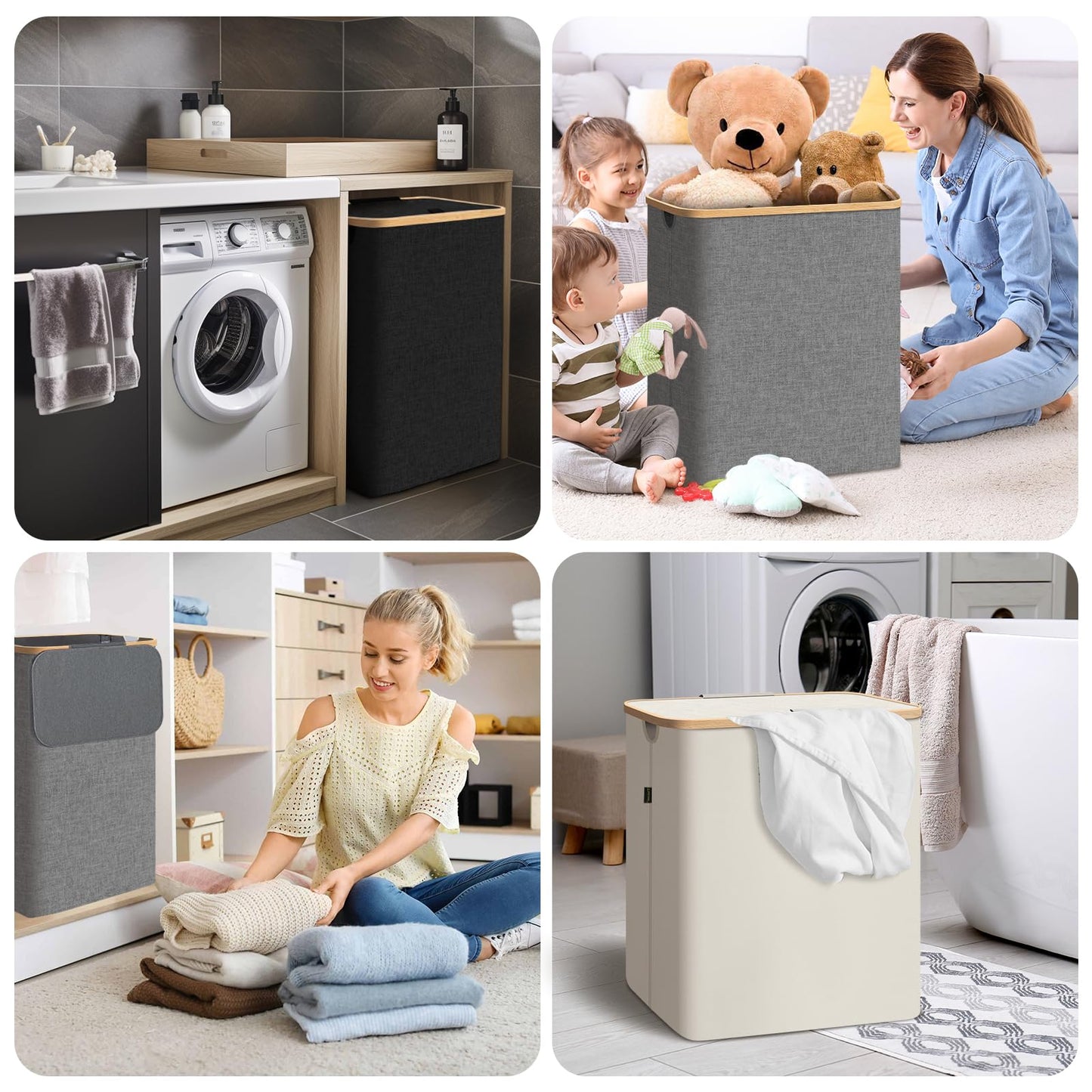 BALEINE Laundry Hamper with Lid, Tall Laundry Baskets with Bamboo Pull Handles, Large Laundry Bin with Internal Support (26Gal/100L, Carbon Black)