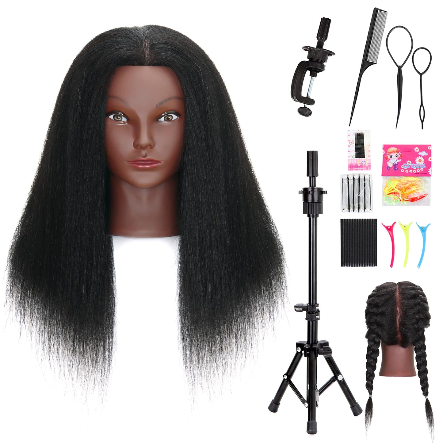 Mannequin Head with Human Hair 16'' Cosmetology Manikin Doll Head with 100% Real Human Hair for Braiding Hairdresser Practice Styling with Tripod Set