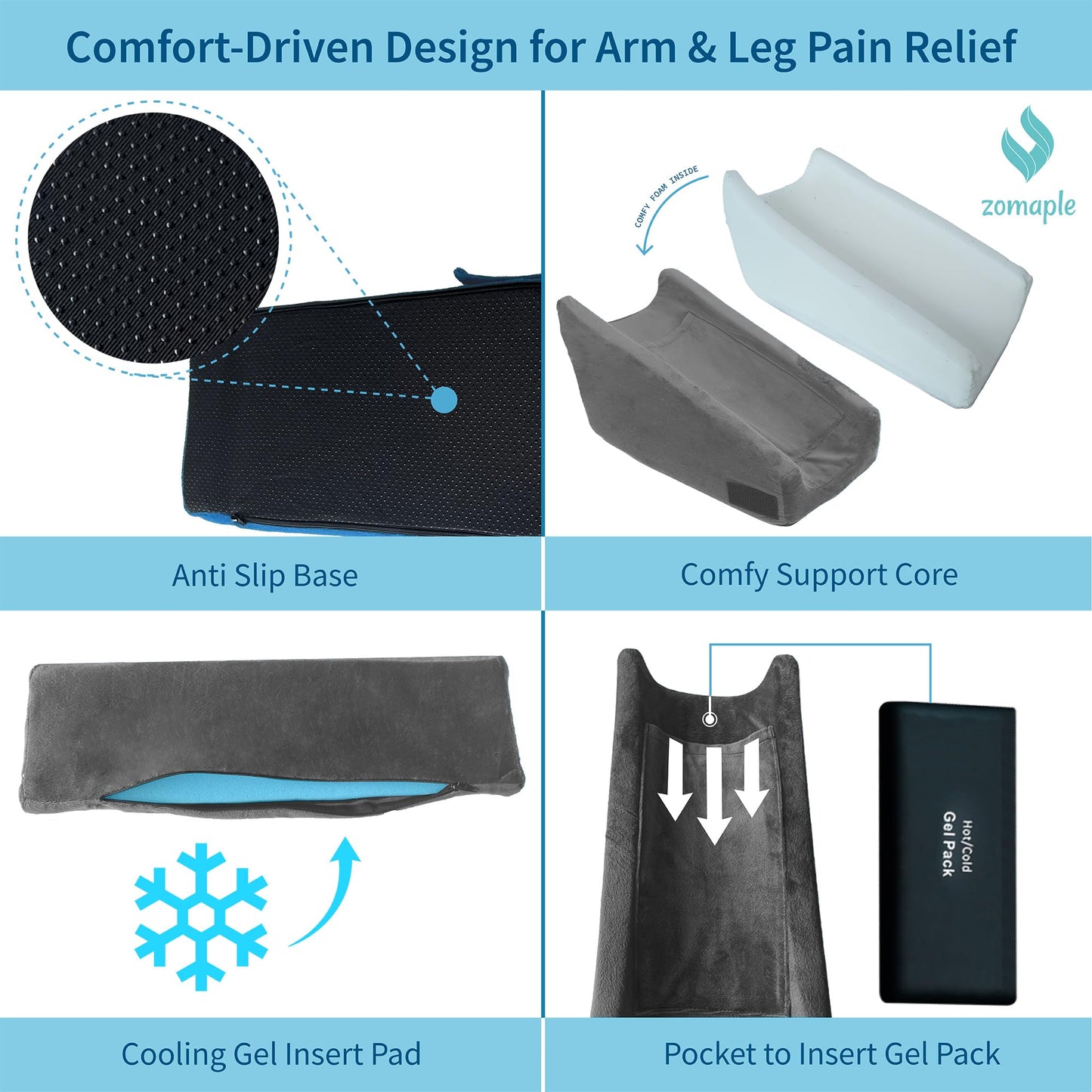 Zomaple Arm Elevation Pillow for Post Surgery – Adjustable Arm Support Pillow with Gel Memory Foam & Hot/Cold Pack – Couch Rest Pillow for Bed, Carpal Tunnel, Wrist & Elbow Recovery, Help Reduce Pain