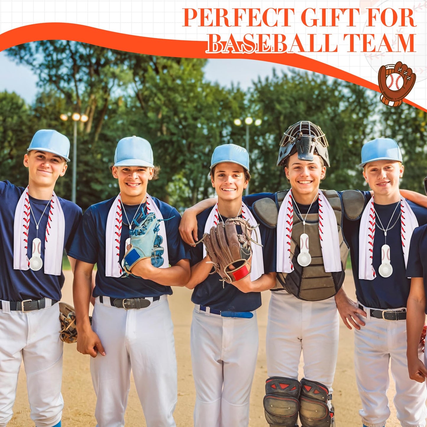 Tujoe 24 Pcs Sport Gifts, Includes 12 Pcs Cooling Towels 40"x12" Workout Towels, 12 Portable Fan Mini Handheld Fan for Team Gift Sport Party Favors, Battery Not Include(White,Baseball)