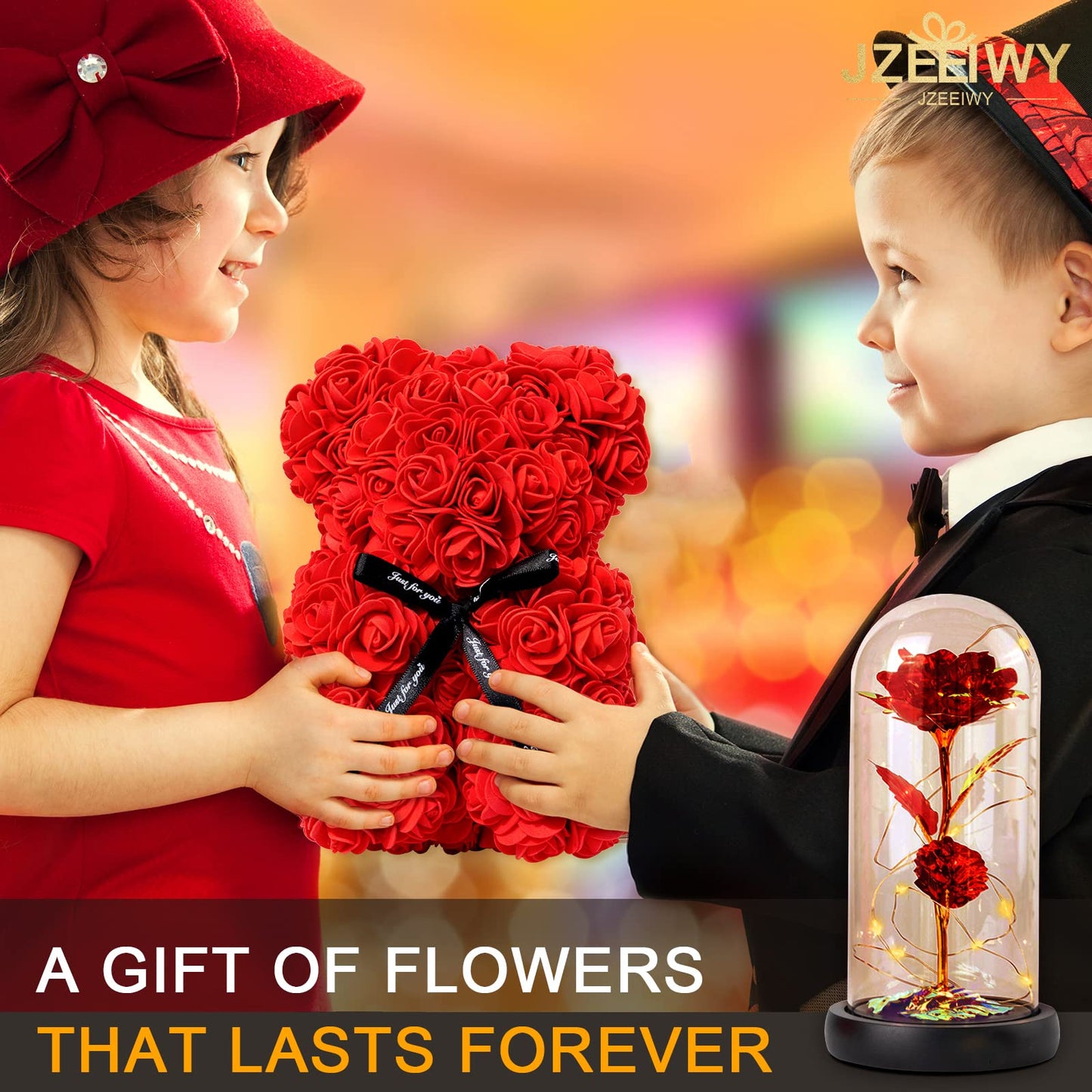 JZEEIWY Flower Rose Bear for Mom,Perfect Birthday Romantic Gift for Wife Daughter Girlfriend Friend Her,Light up Rose in Glass Dome for Birthday Anniversary Mothers Day Valentines Day