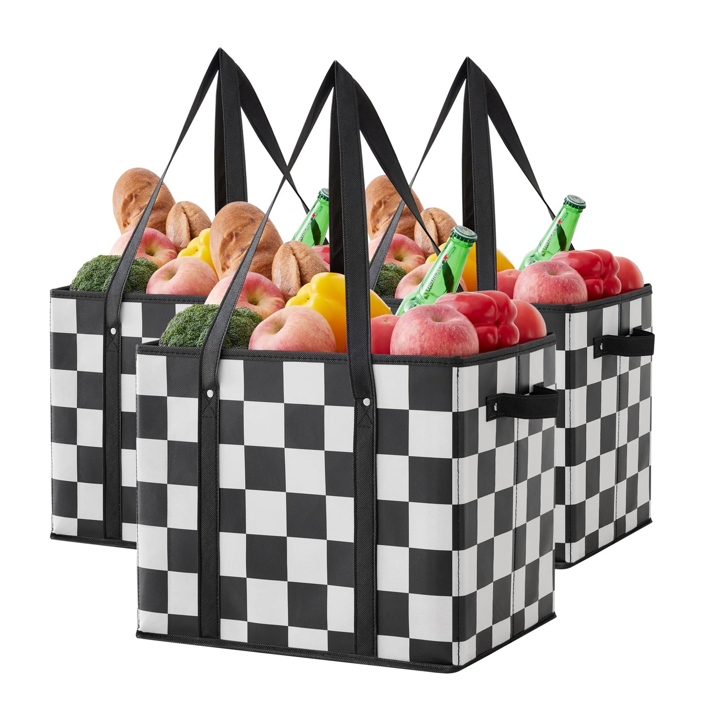 Ohocut Checkered Reusable Grocery Bags Heavy Duty Black and White Checkerboard 3 Pack Foldable Shopping Bags with Handles for Groceries Collapsible Tote