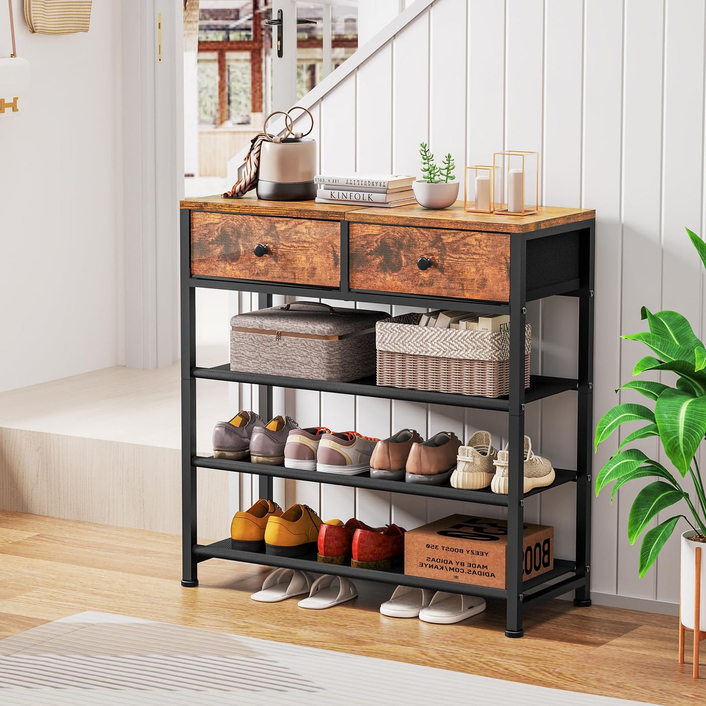 usikey Shoe Rack, 4 Tier Shoe Storage Organizer with 2 Drawers, Metal Shoe Shelf for 9-12 Pairs of Shoes, with 3 Oxford Fabric Shelves and Wooden Top, Shoe Stand for Entryway, Rustic Brown UNYXJX012F