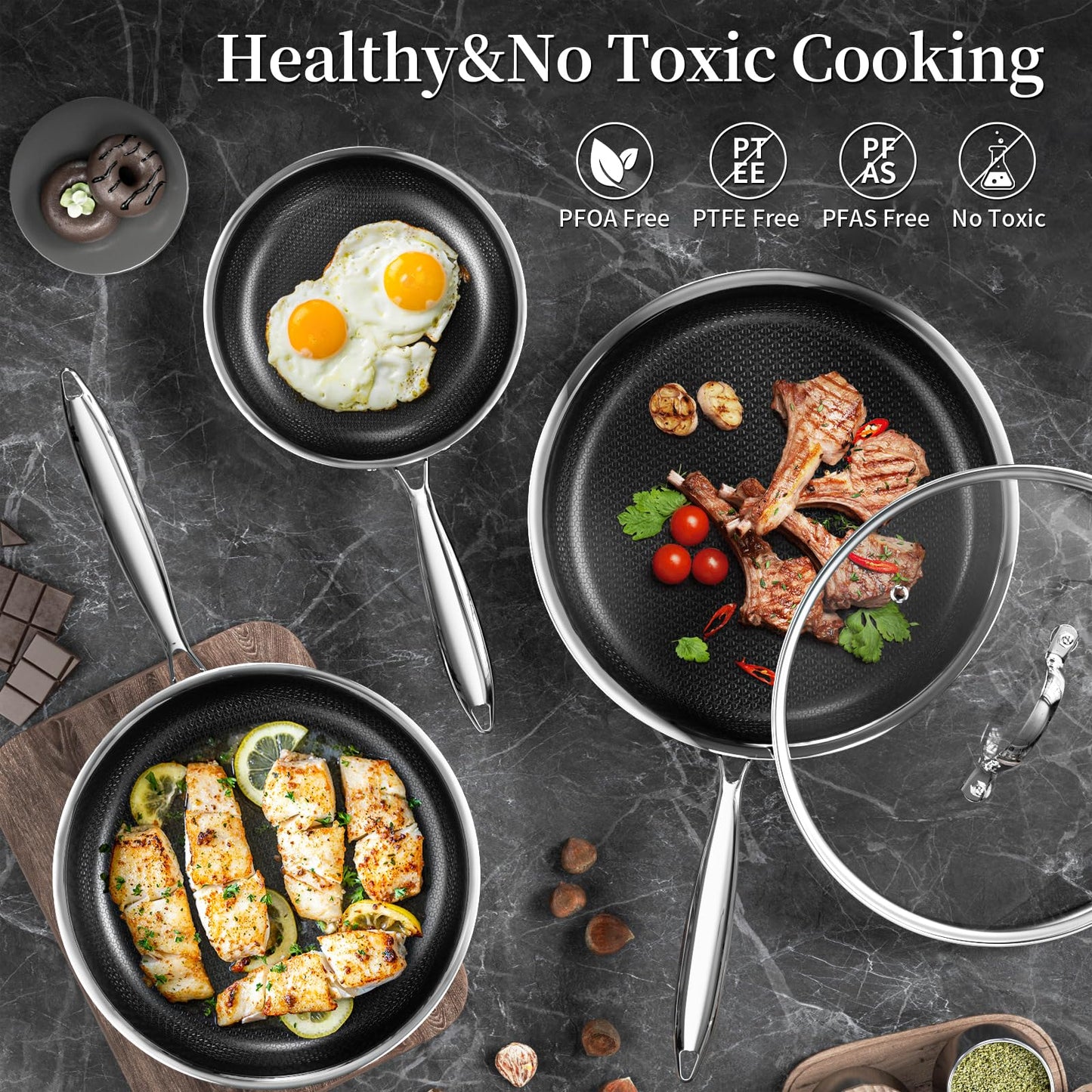 8 Inch Nonstick Frying Pan with Lid, Titanium Ceramic Tri-Ply Stainless Steel Non Stick Skillet W/Lid Small Hybrid Cooking Pan Healthy Induction Egg Frying Pan W/Stay Cool Handle, PFAS/PFOA/PTFE Free