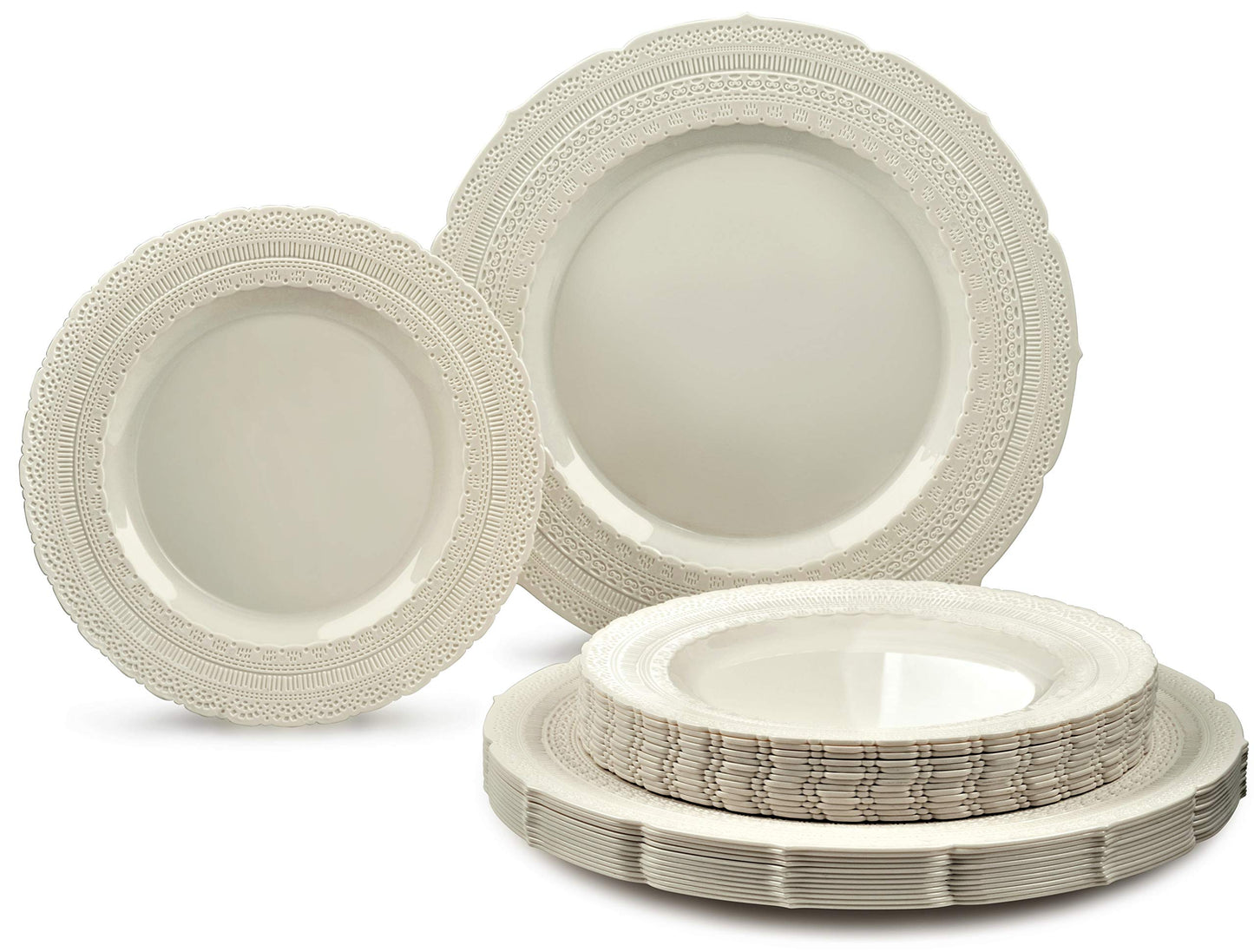 " OCCASIONS " 50 Plates Pack (25 Guests)-Extra Heavyweight Vintage Wedding Disposable/Reusable Plastic Plates -25 x 11'' Dinner + 25 x 8.25'' Salad/dessert (Chateau Collection Ivory)