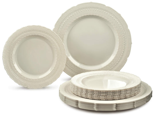 " OCCASIONS " 50 Plates Pack (25 Guests)-Extra Heavyweight Vintage Wedding Disposable/Reusable Plastic Plates -25 x 11'' Dinner + 25 x 8.25'' Salad/dessert (Chateau Collection Ivory)