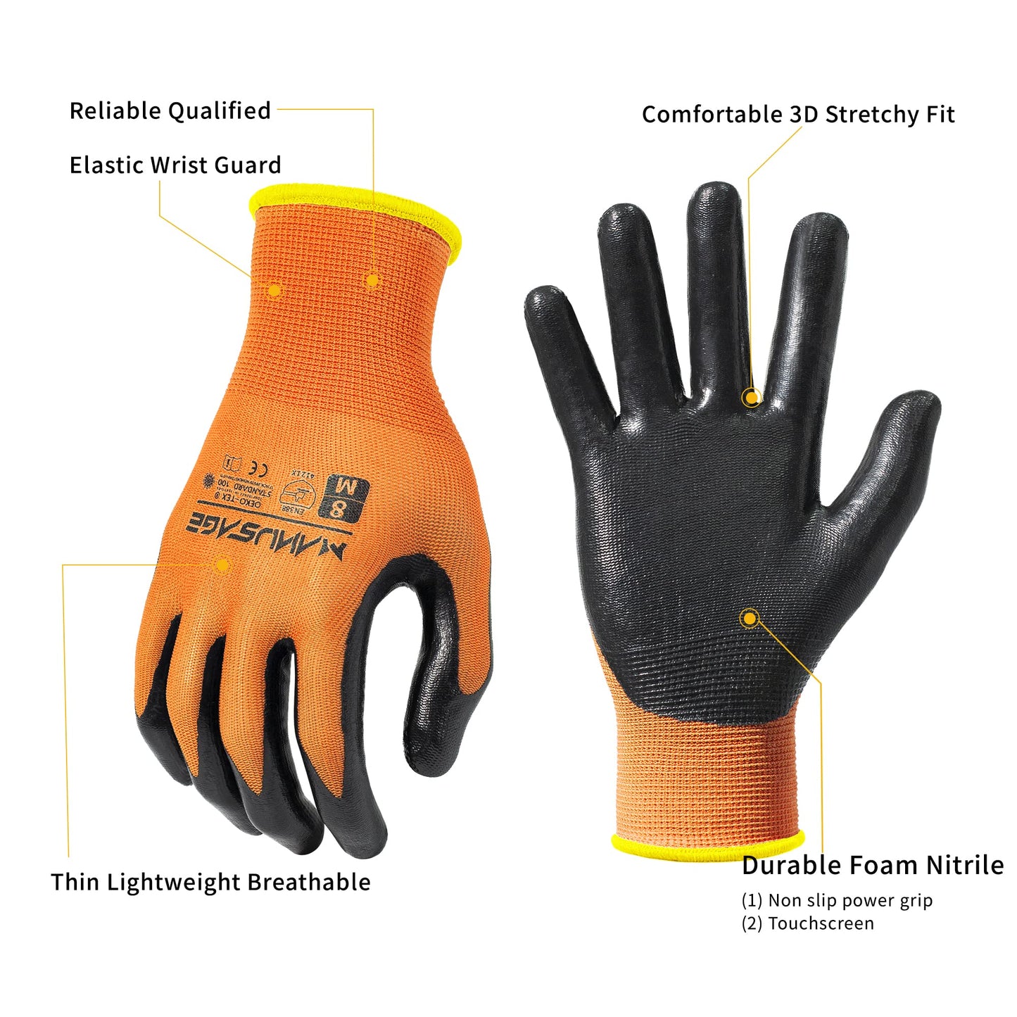 MANUSAGE Safety Work Gloves - Protective Glove for Men & Women - Ultrathin Hand Protection - For Construction, Gardening, Landscaping - Orange - Size L - 24 Pairs