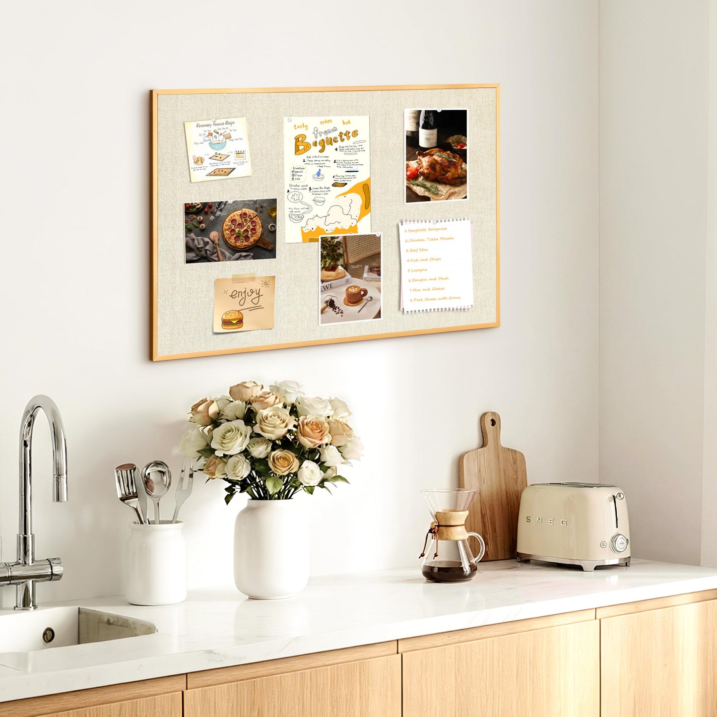 Marribol Pin Board with Linen,30’’x 20’’,Gold Aluminum Framed Vision Board for Home Office School,with 10 Cards,10 Push Pins