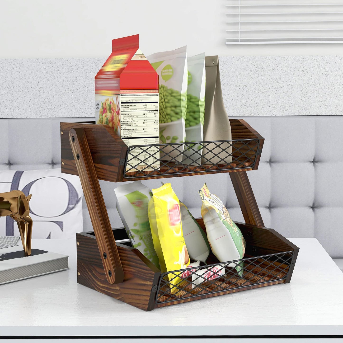 Dorhors Fruit Basket for Kitchen,Fruit Bowl,Kitchen Counter Organizer,Wooden Vegetable Holder for Countertop,Bread Storage Basket Stand(2 Tier)