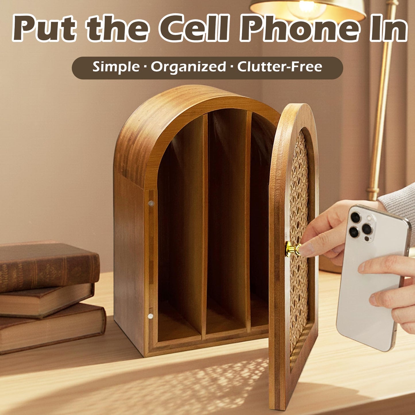 Verssure Bamboo Phone Box, Premium Cell Phone Box for Family Time, Cell Phone Jail with Charging Holes,Phone Lock Box Holds 6 Phones (Walnut)