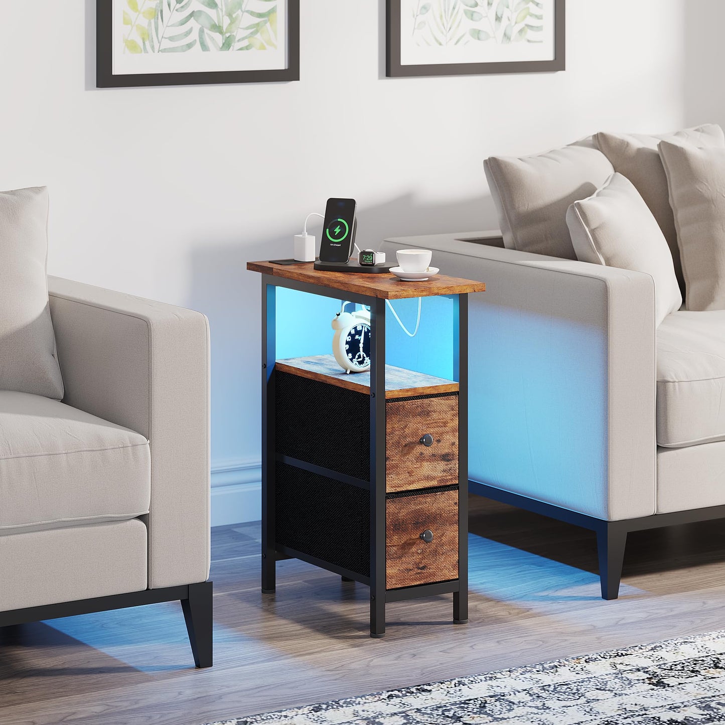 TRIFEBLE End Table with Charging Station, Narrow Side Table with 2 Fabric Drawers, Skinny Nightstand with LED Light, Slim Bedside Table for Bedroom, Living Room, Small Spaces, Rustic Brown