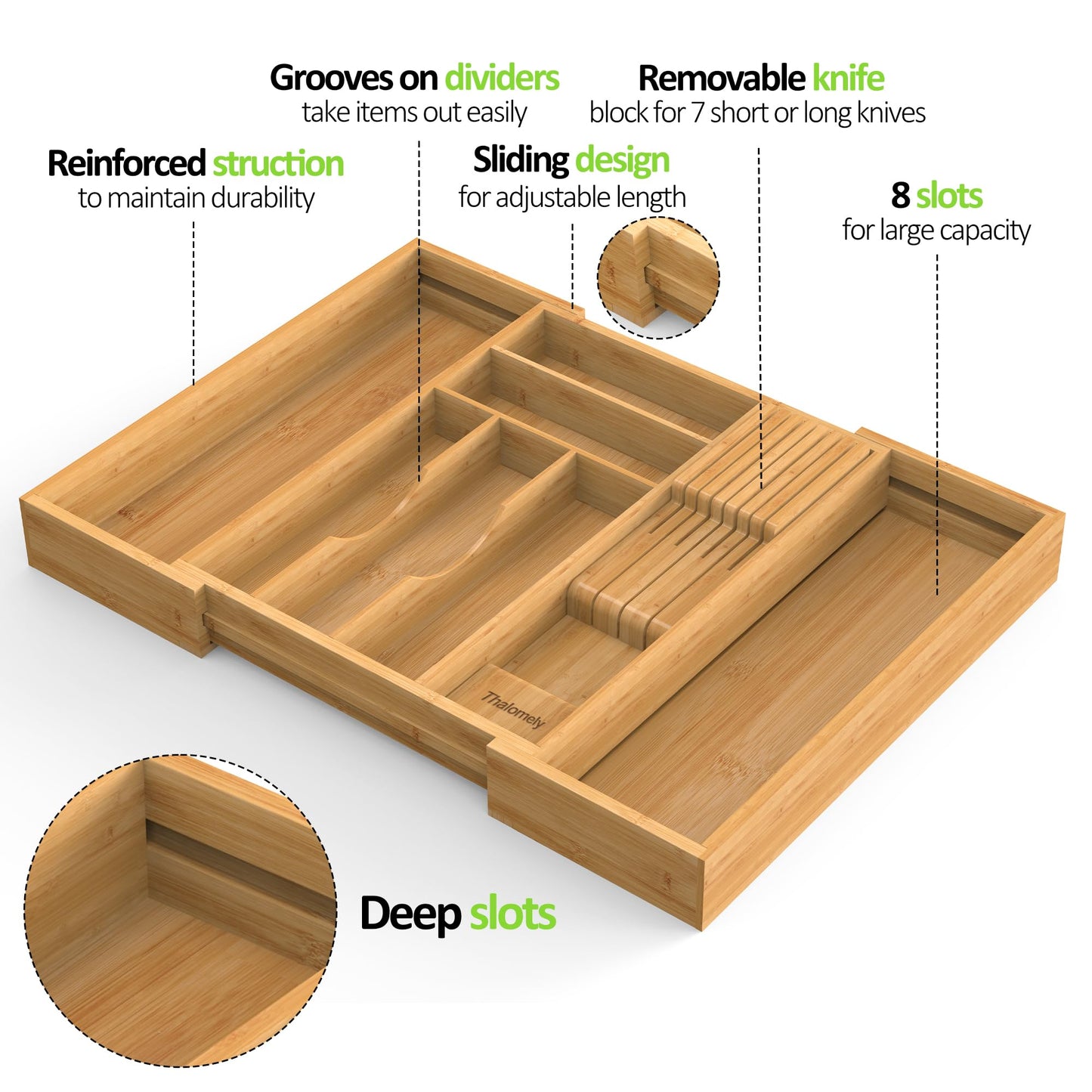 Thalomely Bamboo Kitchen Drawer Organizer, Expandable Silverware Organizer with Removable Knife Block, 6-8 Slots- Utensil Holder & Cutlery Tray Drawer Dividers, 2.36" Deep for Extra Capacity, Natural