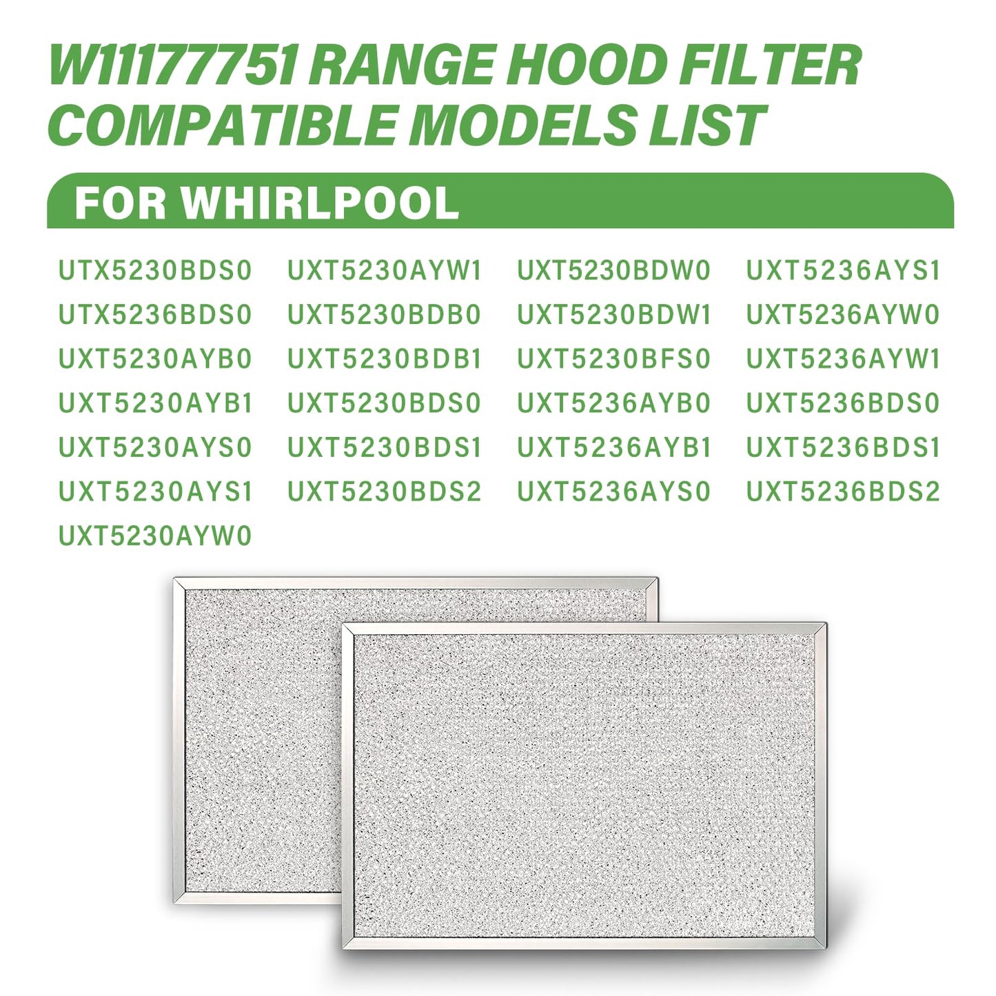 2PCS W11177751 Range Hood Grease Filter Compatible With Whirlpool, Replacement W10419114 W10834041 W11176974 4547137 AP6285612 PS12348521 EAP12348521